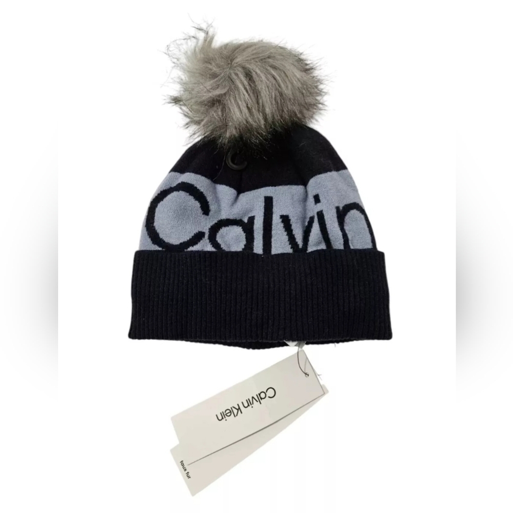 Calvin Klein Hat Women's Beanie with Cut-out Logo Cap Blue/Black NWT